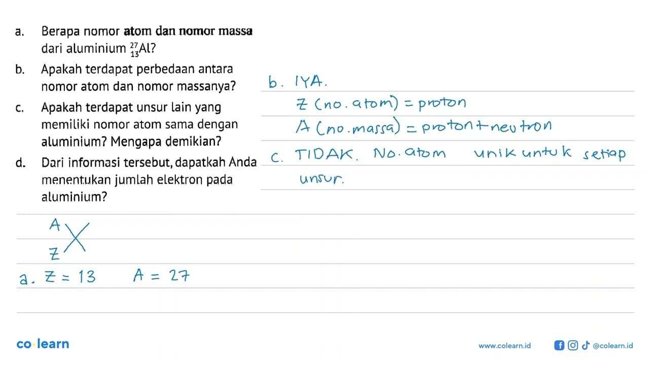 a. Berapa nomor atom dan nomor massa dari aluminium 27 13