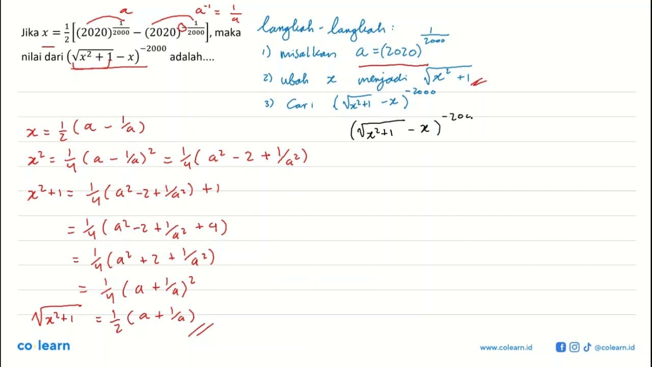 Jika x=(1/2)((2020^(1/2000))-(2020^(-1/2000))), maka nilai