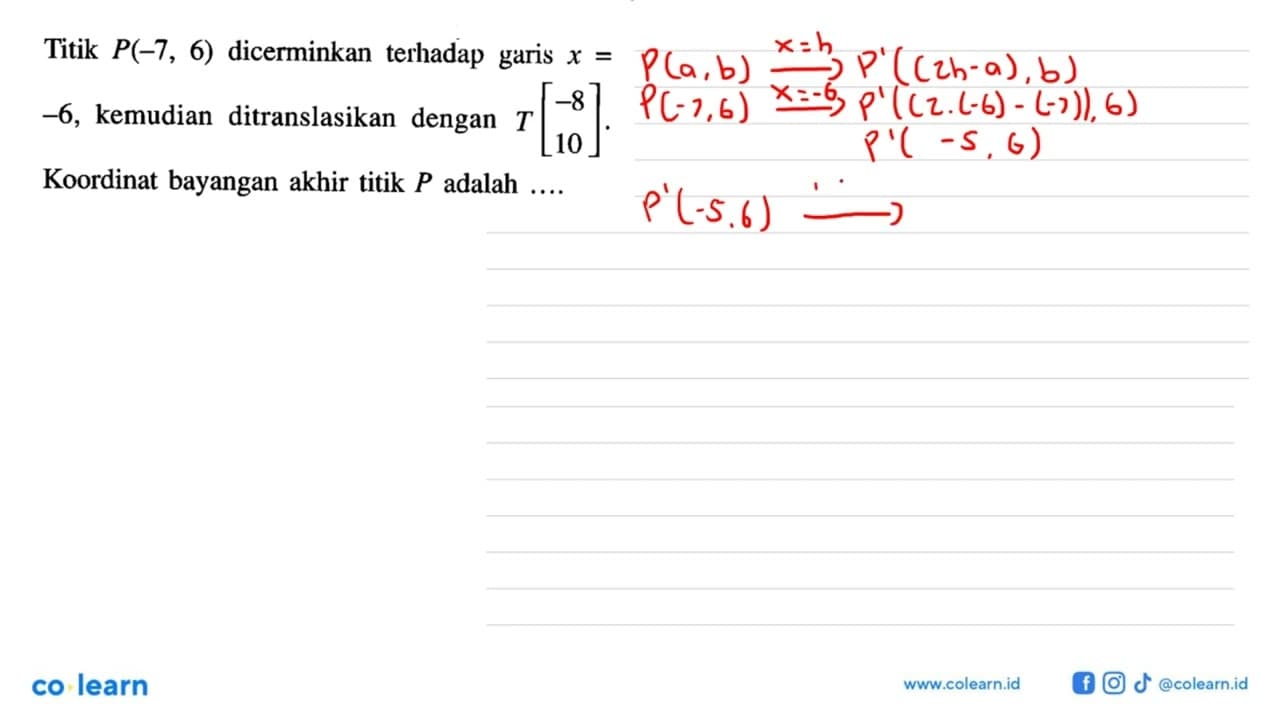 Titik P(-7,6) dicerminkan terhadap garis x=-6 , kemudian