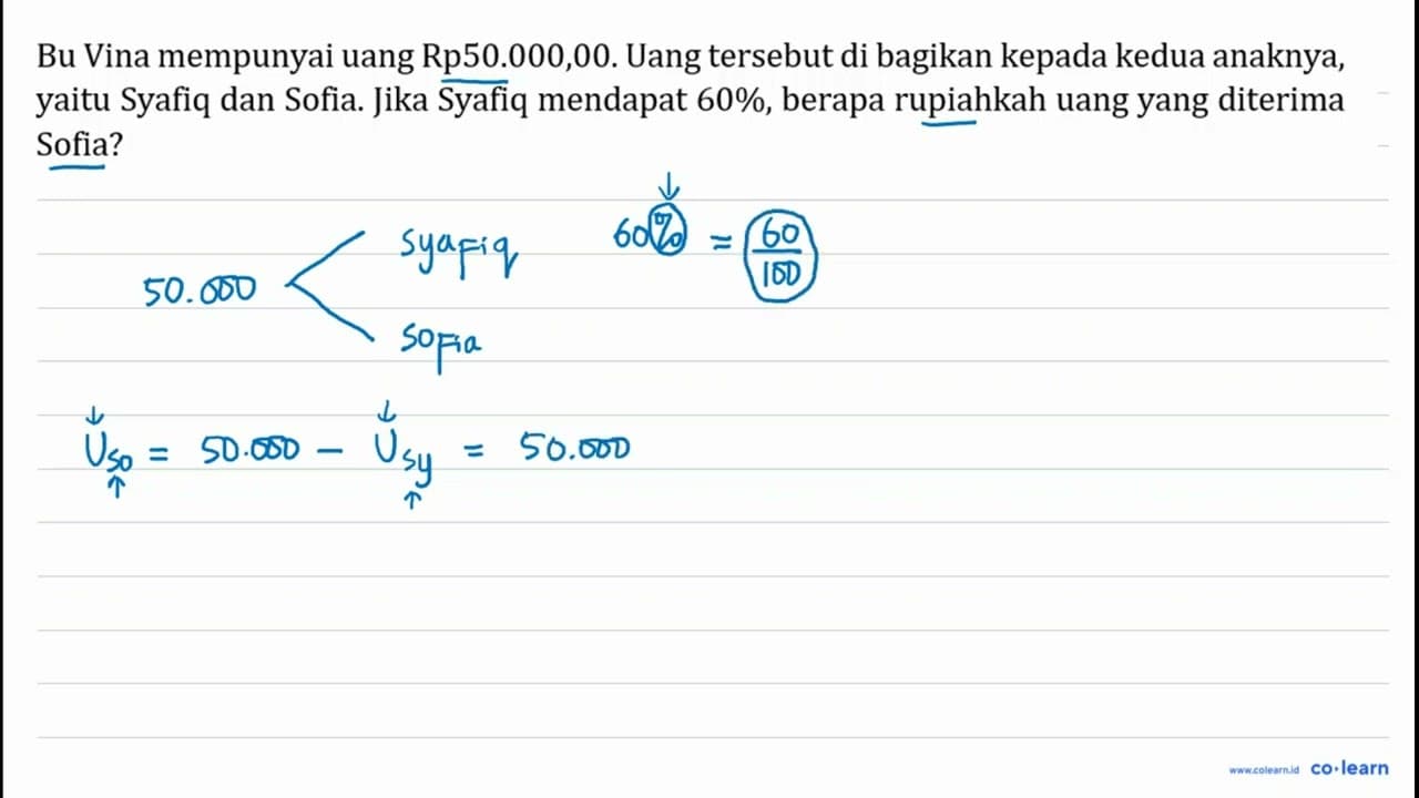 Bu Vina mempunyai uang Rp50.000,00. Uang tersebut di