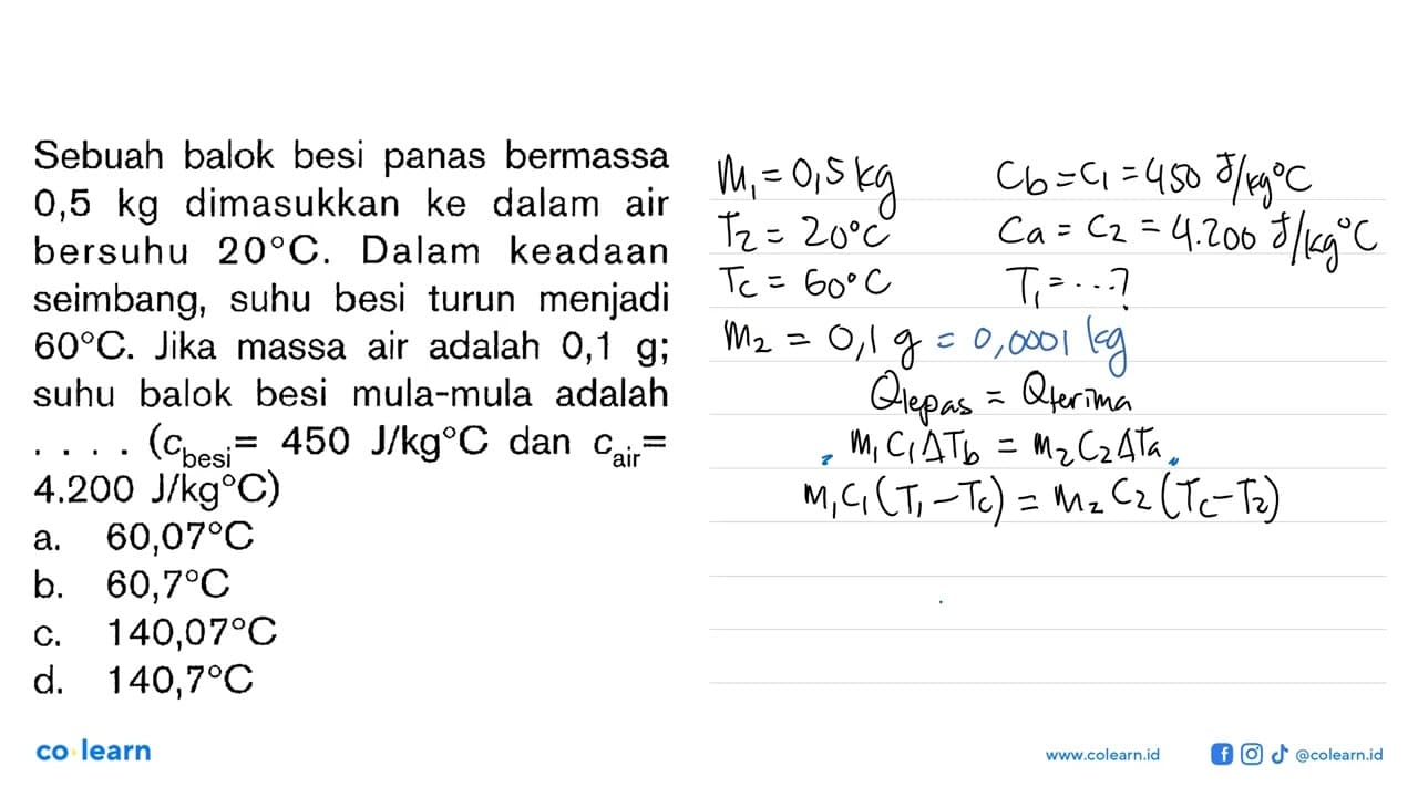 Sebuah balok besi panas bermassa 0,5 kg dimasukkan ke dalam