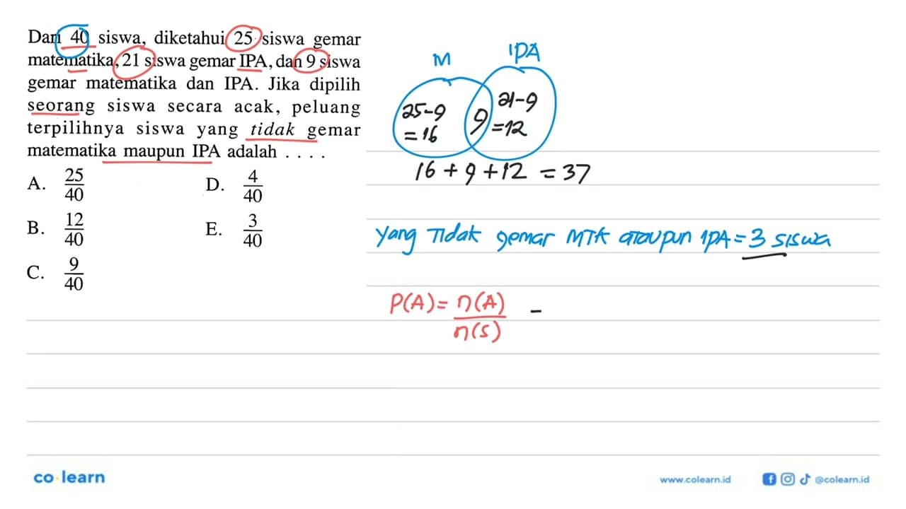 Dari 40 siswa, diketahui 25 siswa gemar matematika, 21
