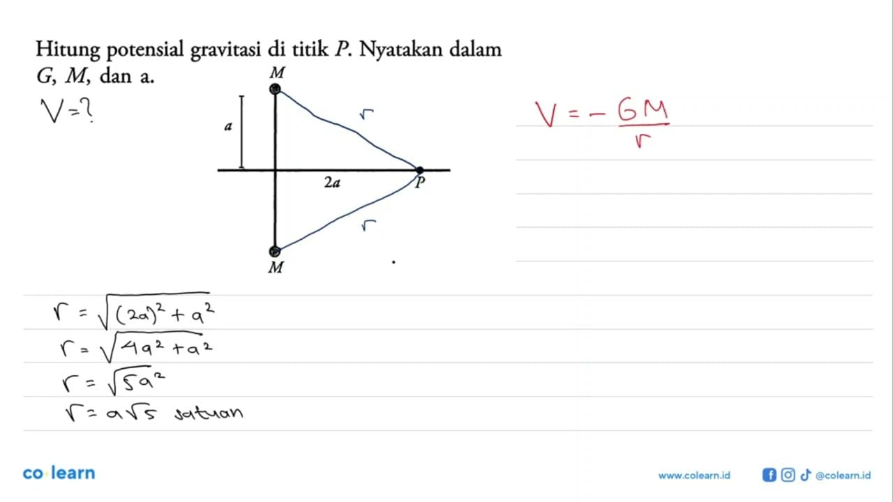 Hitung potensial gravitasi di titik P. Nyatakan dalam G, M,