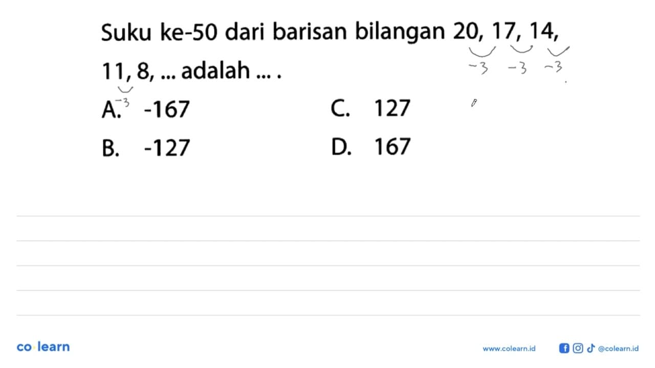 Suku ke-50 dari barisan bilangan 20, 17, 14, 11, 8, ...