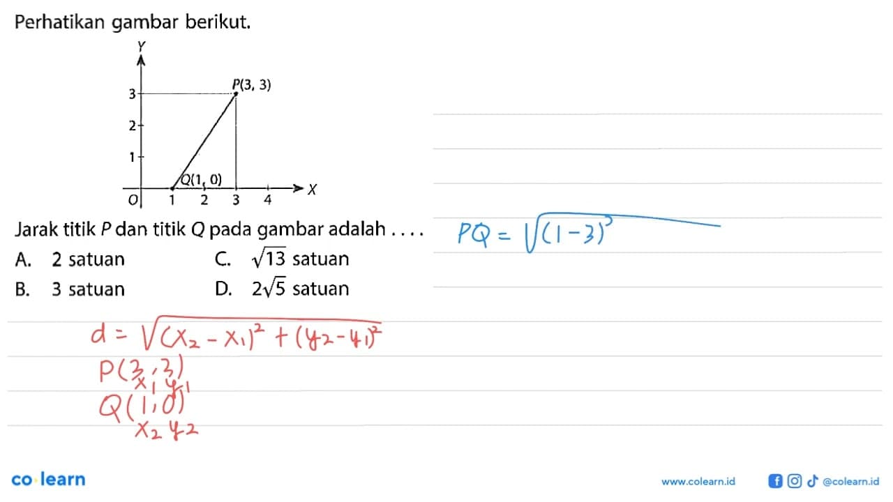 Perhatikan gambar berikut. P(3,3) Q(1,0) Jarak titik P dan