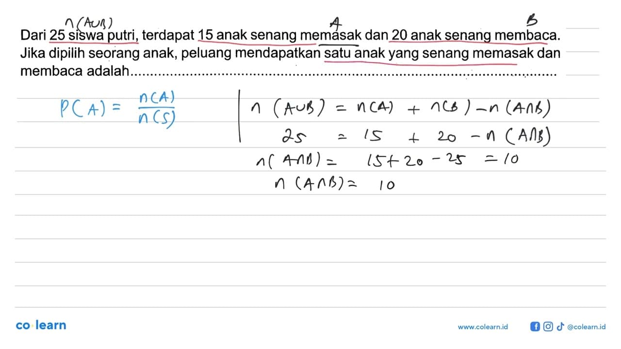 Dari 25 siswa putri, terdapat 15 anak senang memasak dan 20