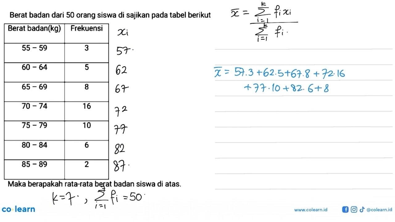 Berat badan dari 50 orang siswa di sajikan pada tabel