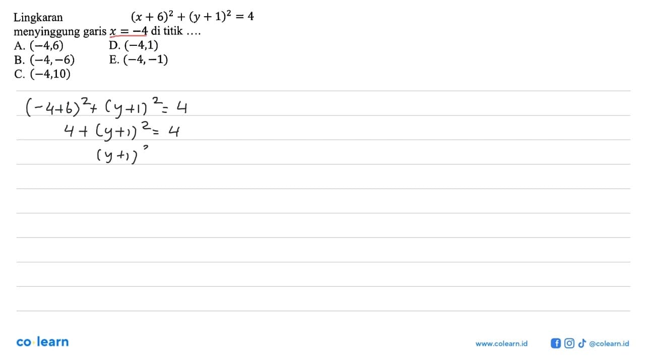 Lingkaran (x+6)^2+(y+1)^2=4 menyinggung garis x=-4 di titik