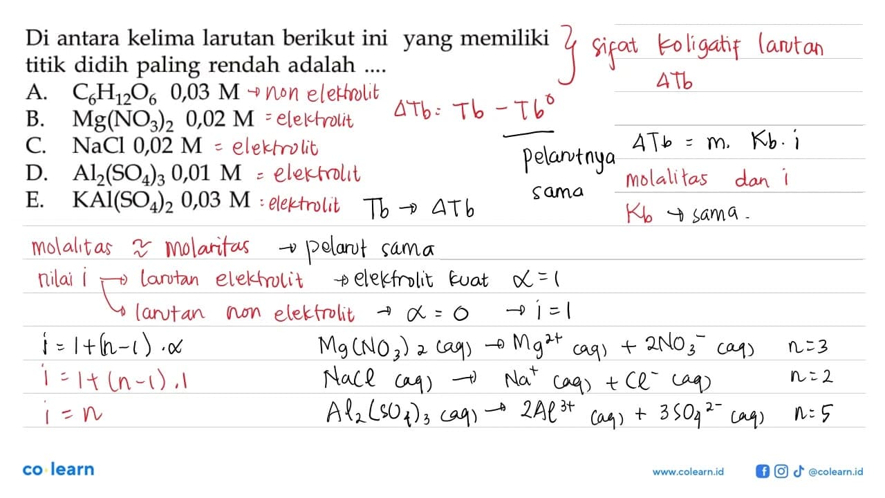 Di antara kelima larutan berikut ini yang memiliki titik