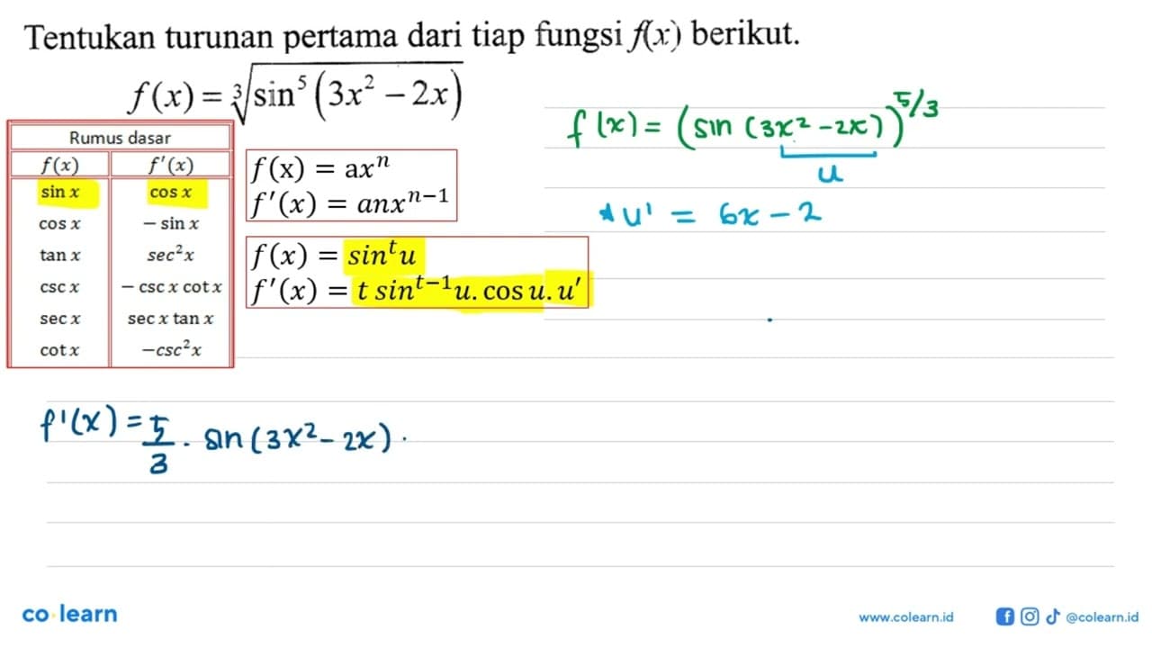 Tentukan turunan pertama dari tiap fungsi f(x) berikut.