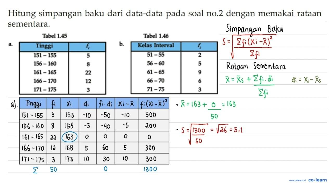 Hitung simpangan baku dari data-data pada soal no.2 dengan