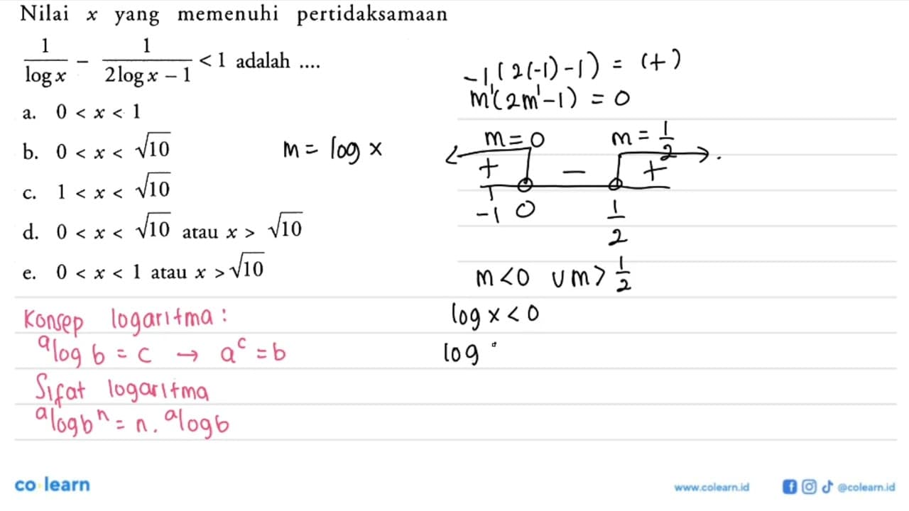 Nilai x yang memenuhi pertidaksamaan 1/log x - 1/(2 log