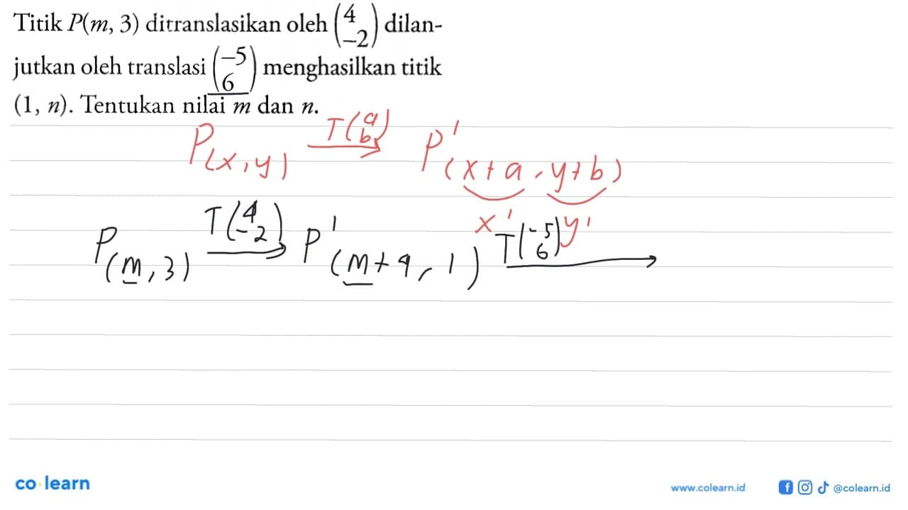 Titik P(m, 3) ditranslasikan oleh (4 -2) dilanjutkan oleh