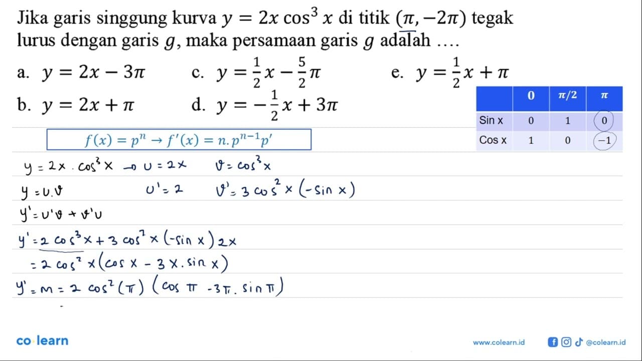 Jika garis singgung kurva y=2x cos ^3 x di titik (pi,-2pi)