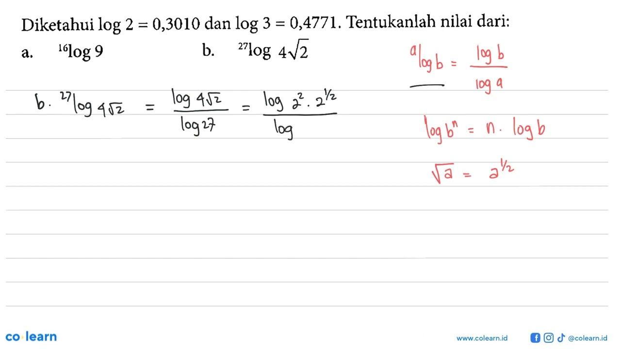 Diketahui log 2=0,3010 dan log 3=0,4771. Tentukanlah nilai