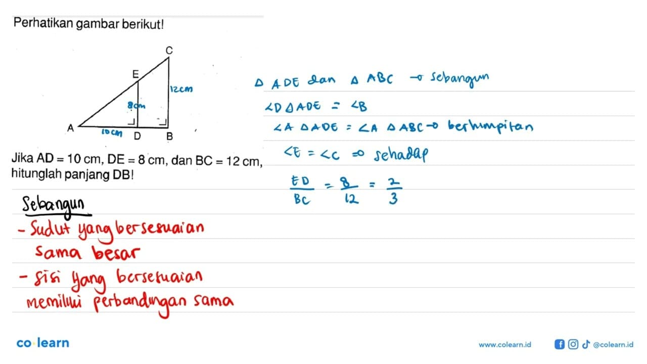 Perhatikan gambar berikut! C E A D BJika AD=10 cm, DE=8 cm