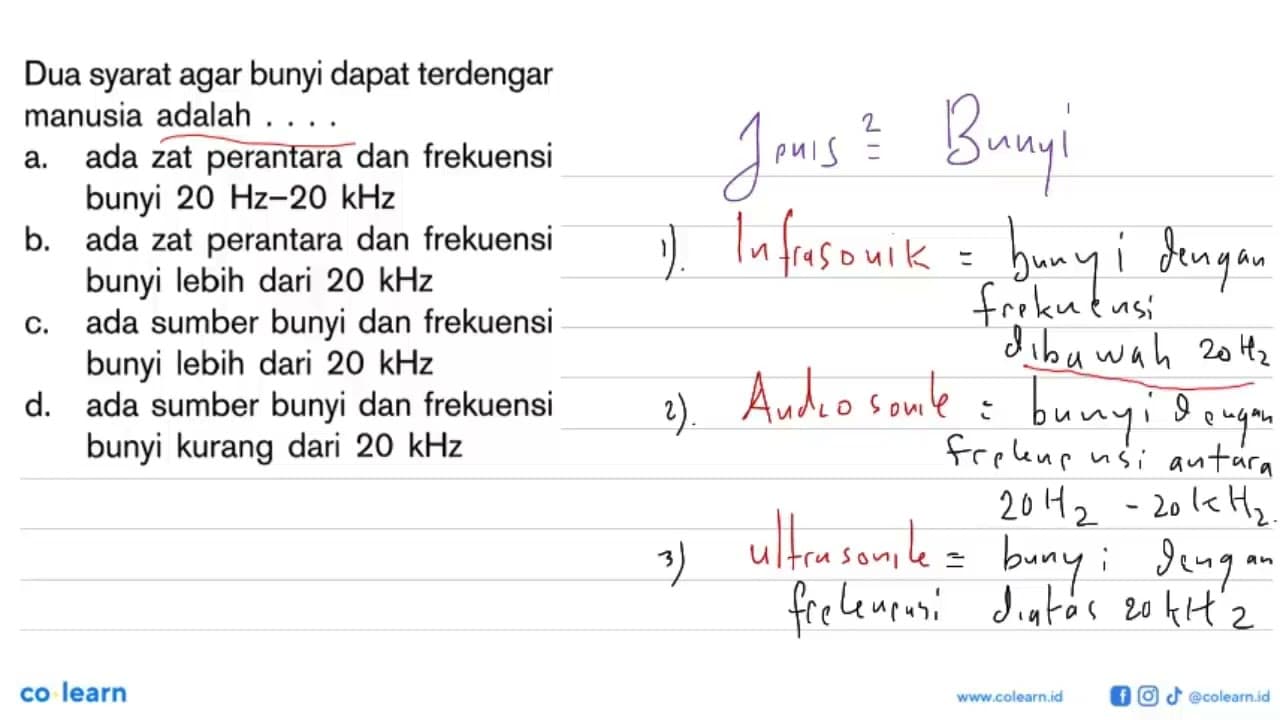 Dua syarat agar bunyi dapat terdengar manusia adalah ....a.