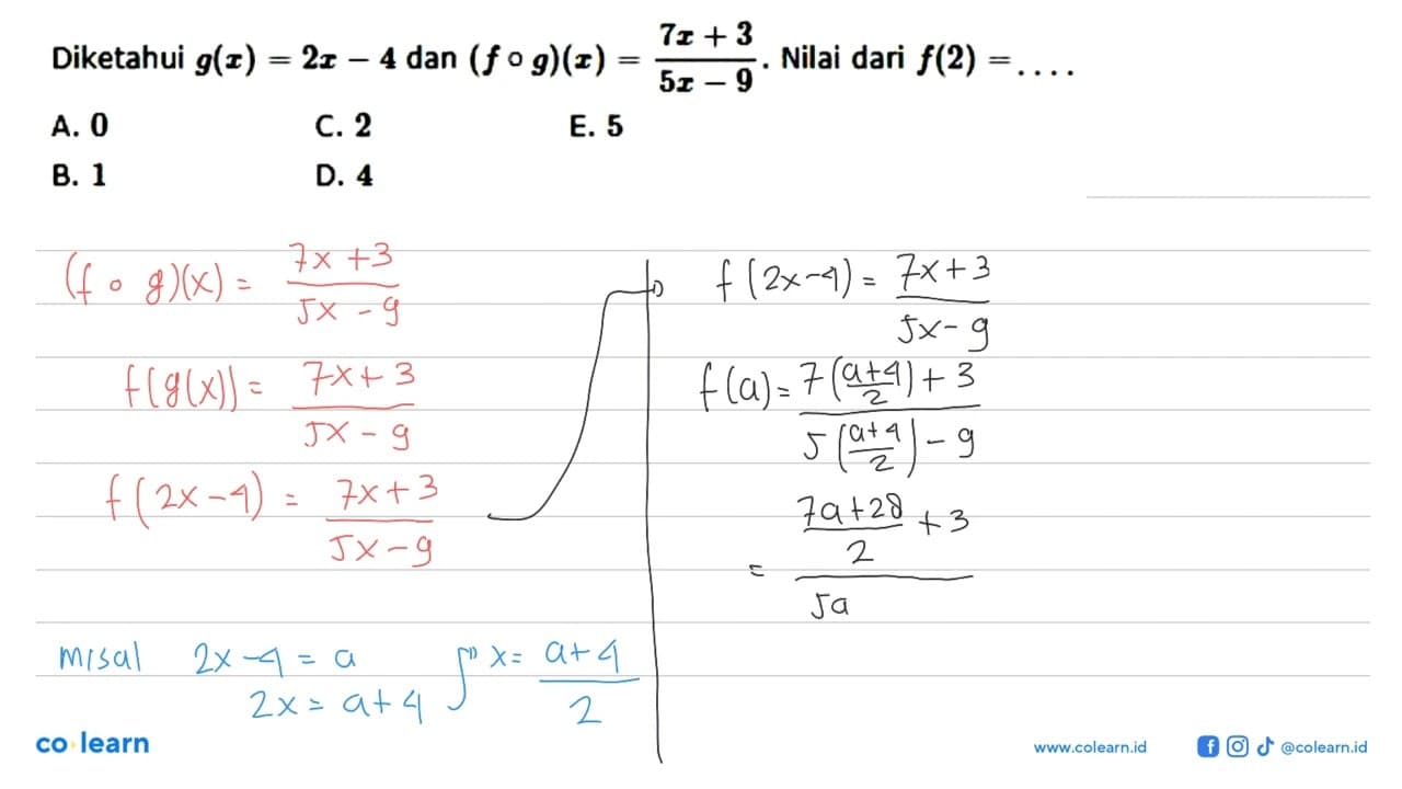 Diketahui g(x)=2x-4 dan (fog)(x)=(7x+3)/(5x-9). Nilai dari