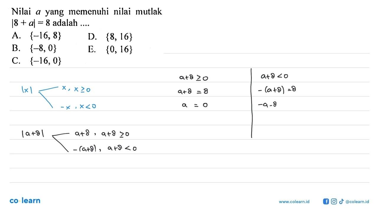 Nilai a yang memenuhi nilai mutlak |8+a|=8 adalah ....