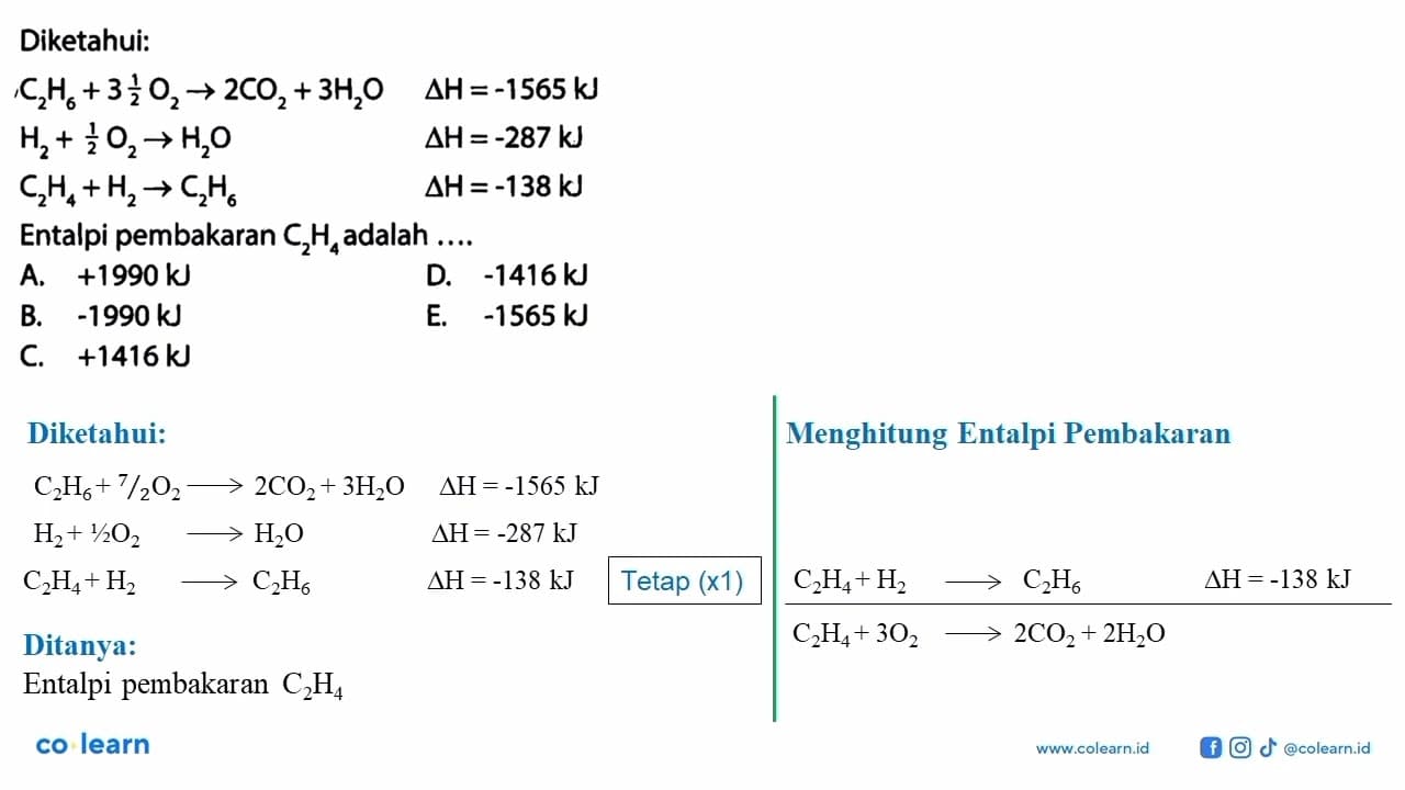 Diketahui: C2H6 + 3 1/2 O2 -> 2CO2 + 3H2O Delta H = -1565