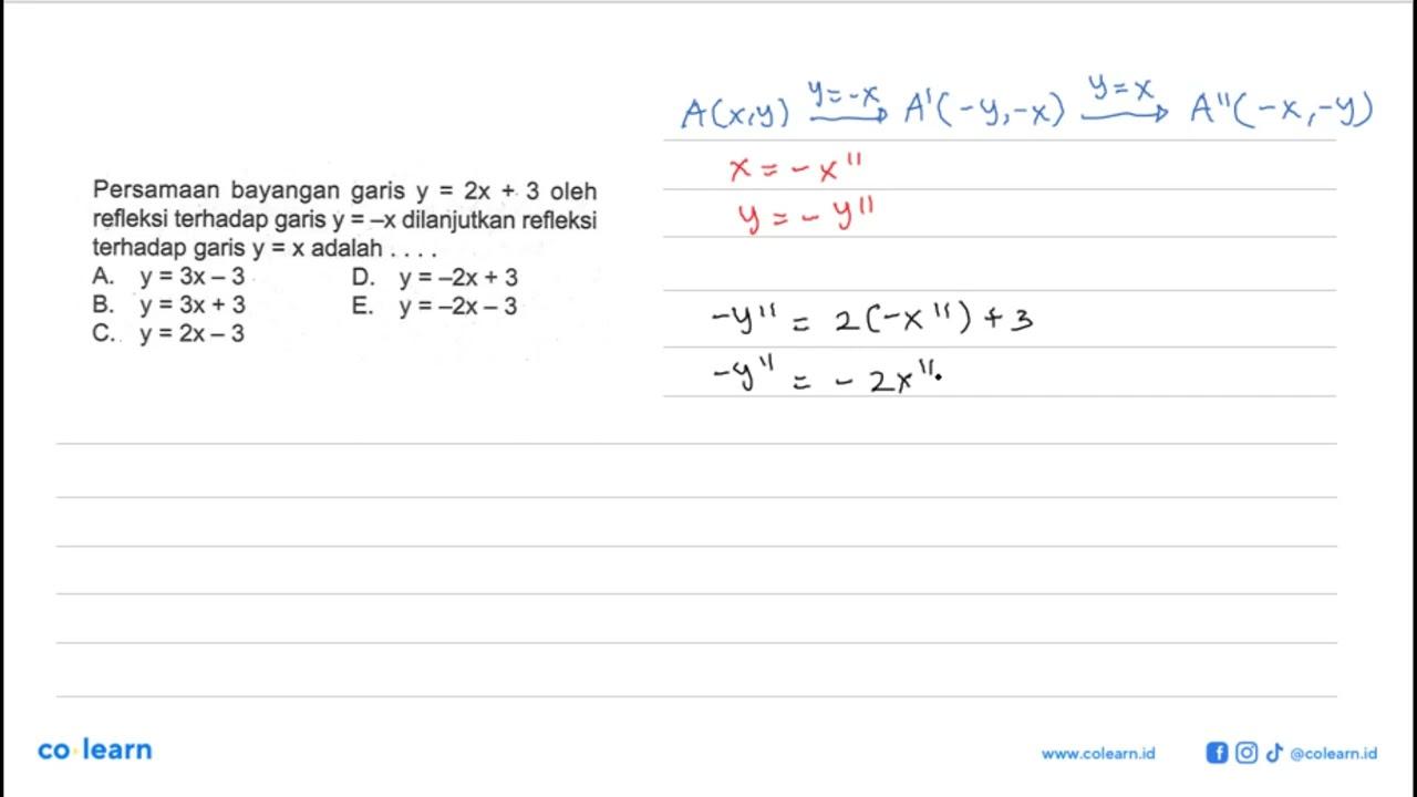 Persamaan bayangan garis y=2x+3 oleh refleksi terhadap