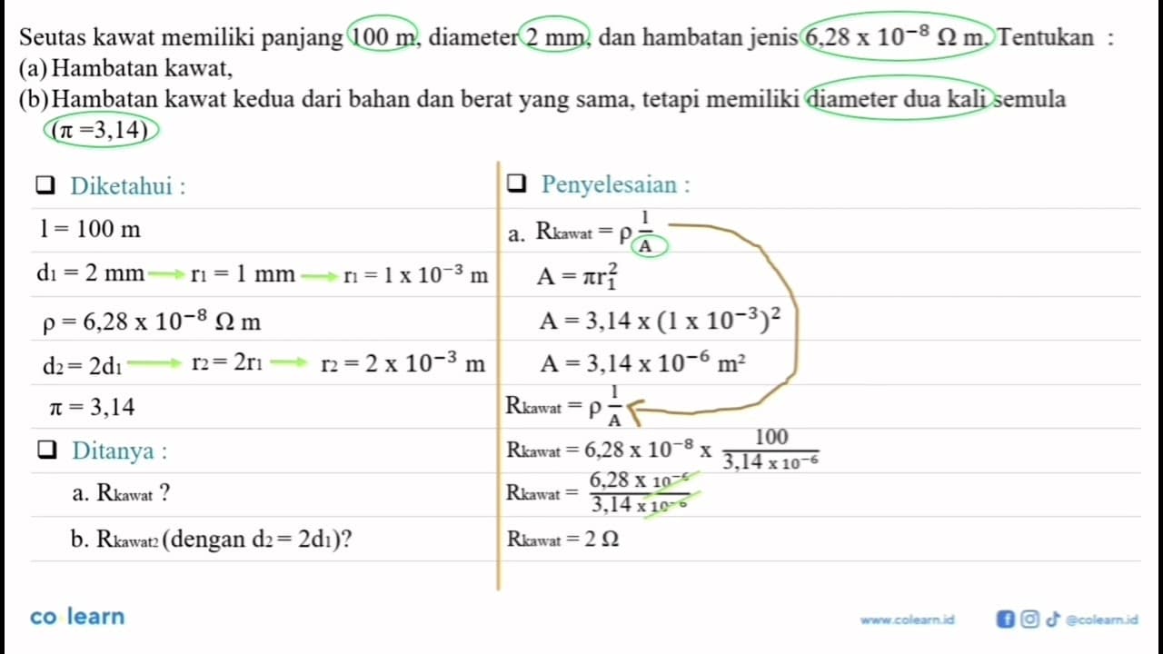 Seutas kawat memiliki panjang 100 m, diameter 2 mm, dan