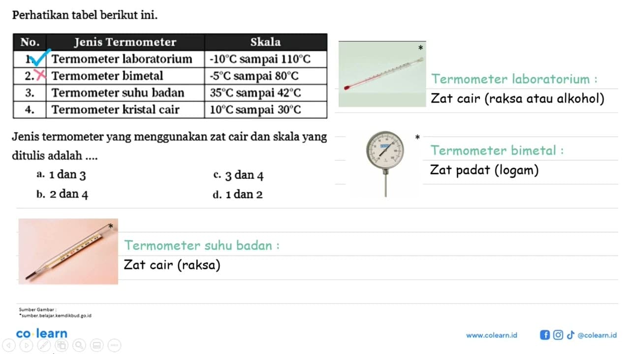 Perhatikan tabel berikut ini. No. Jenis Termometer Skala 1.