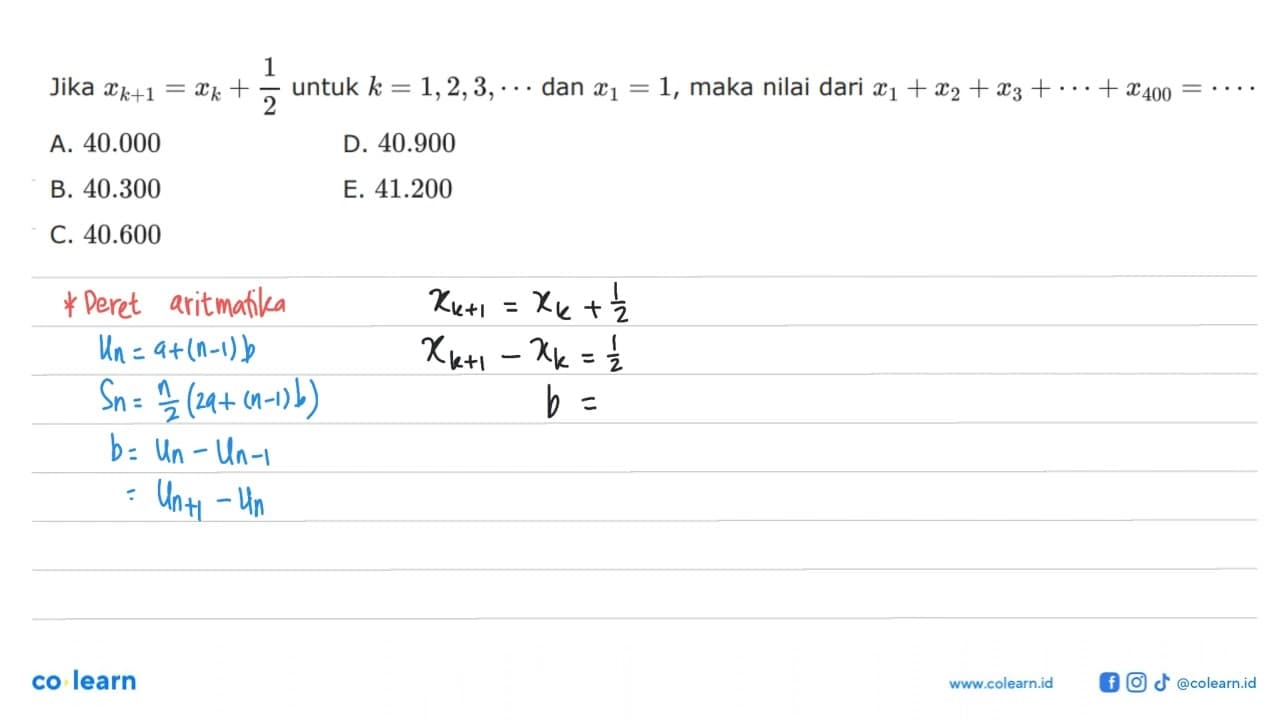 Jika xk+1=xk+1/2 untuk k=1,2,3, .... dan x1=1 , maka nilai