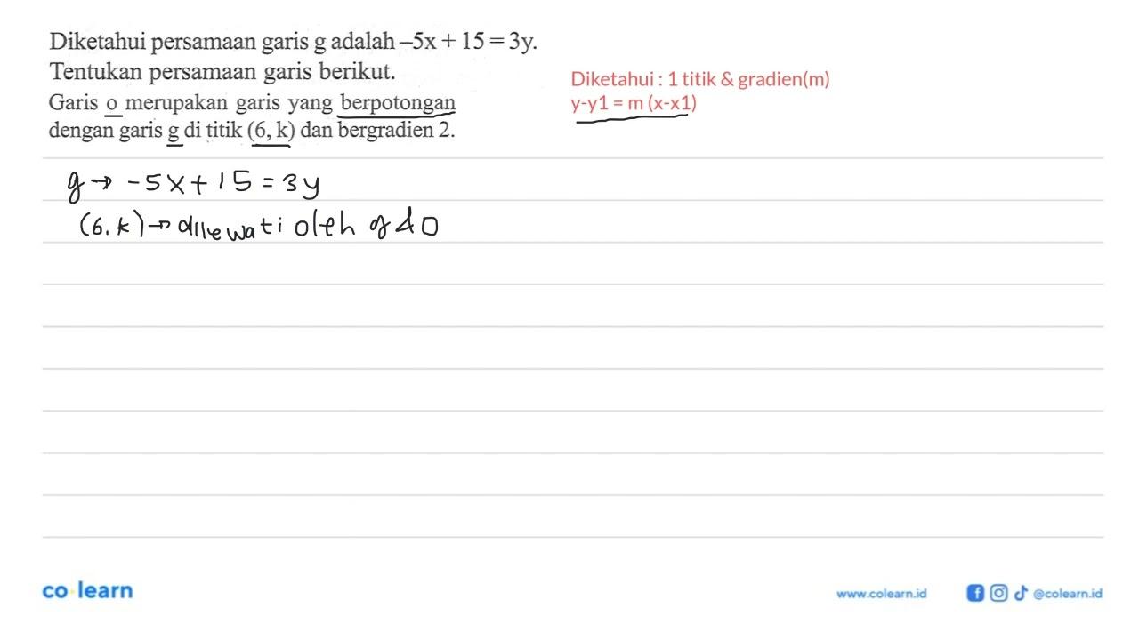 Diketahui persamaan garis g adalah -5x + 15 = 3y. Tentukan