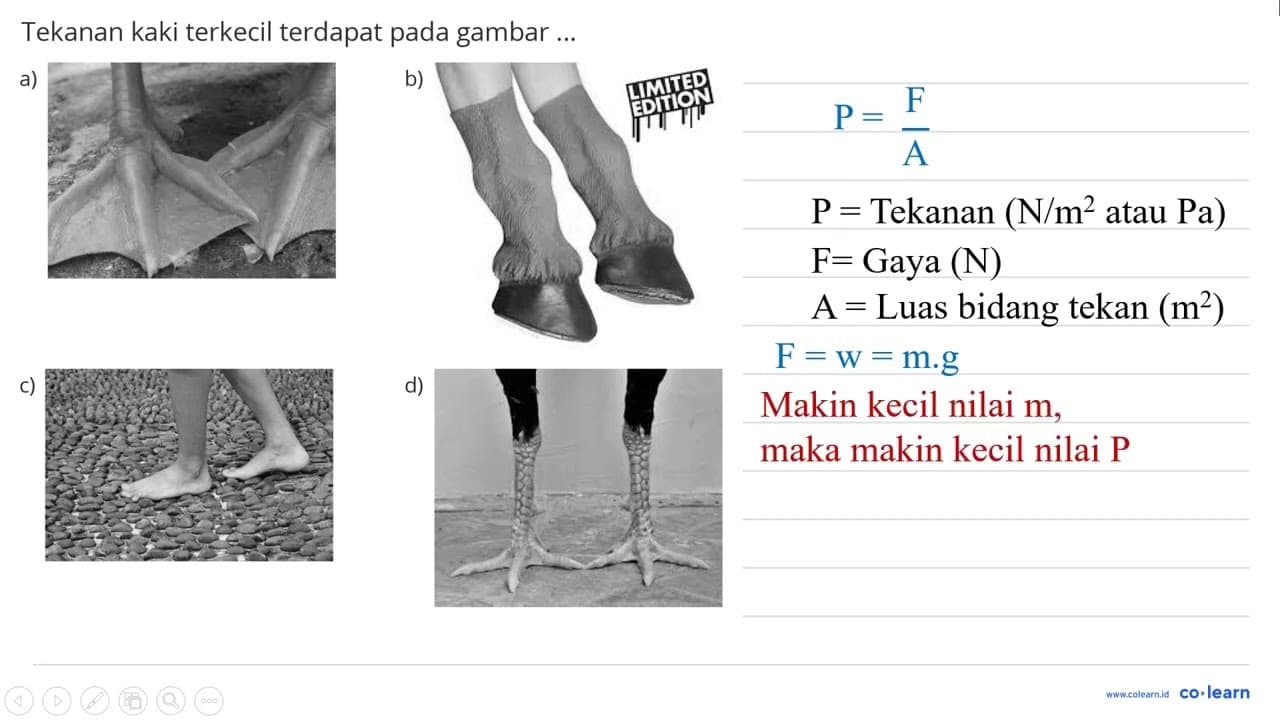 Tekanan kaki terkecil terdapat pada gambar ... a) c)