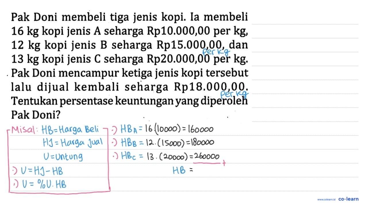 Pak Doni membeli tiga jenis kopi. Ia membeli 16 kg kopi