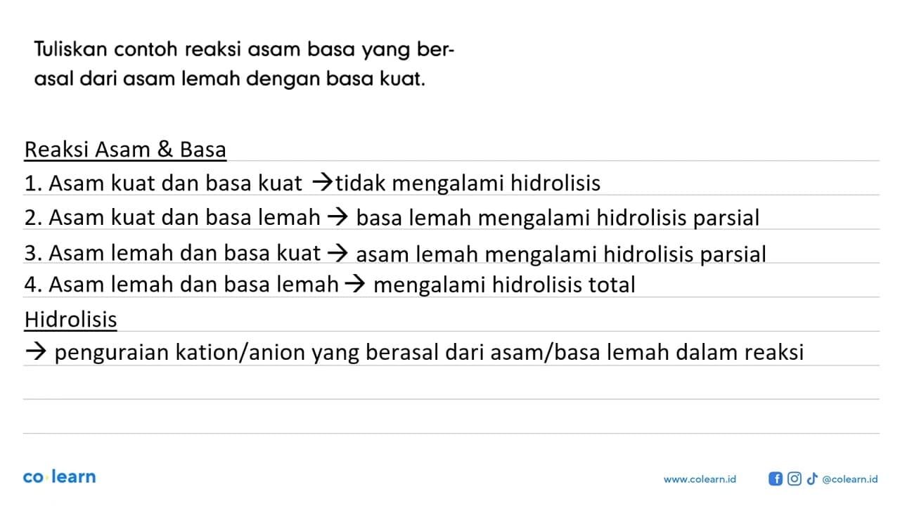 Tuliskan contoh reaksi asam basa yang berasal dari asam