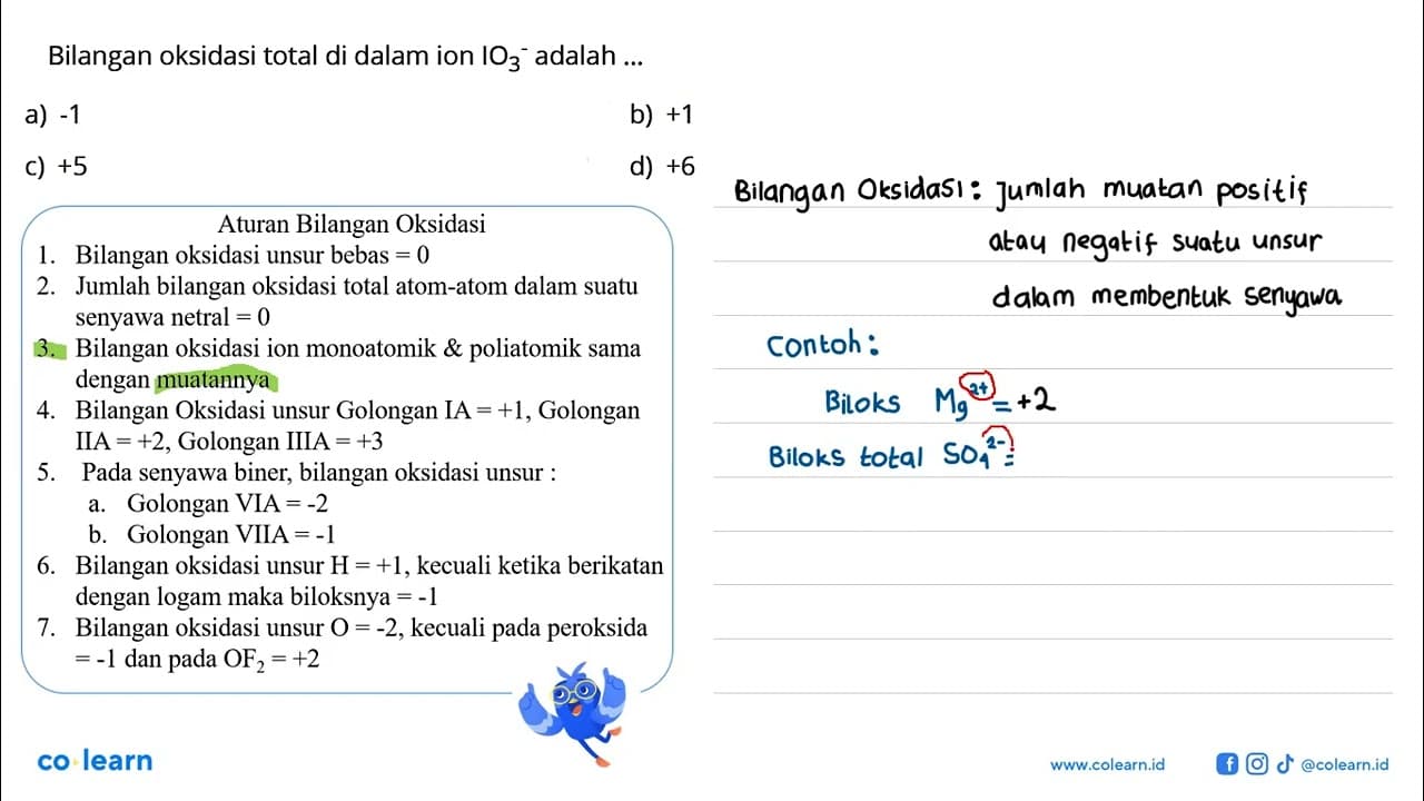 Bilangan oksidasi total di dalam ion IO3^- adalah ...