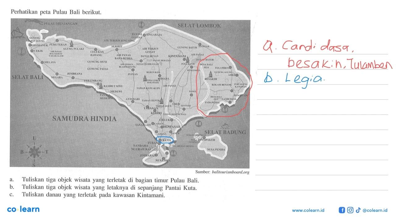 Perhatikan peta Pulau Bali berikut. a. Tuliskan tiga objek