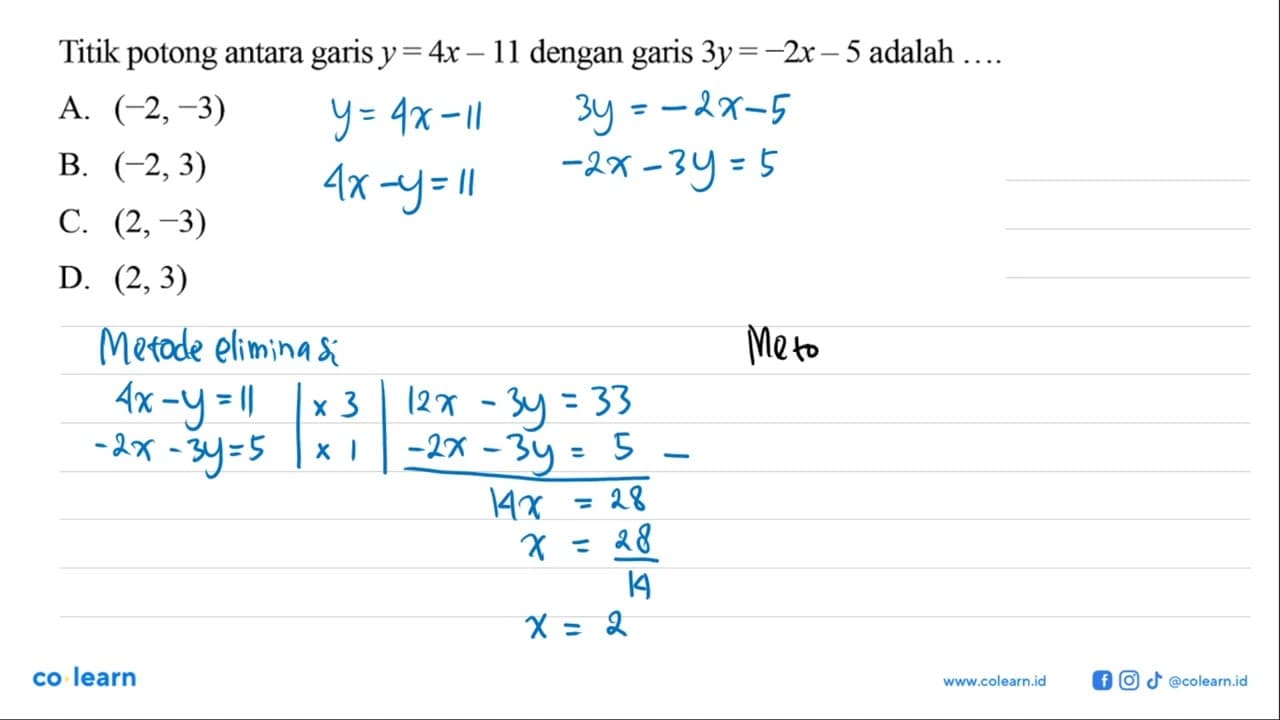 Titik potong antara garis y = 4x -11 dengan garis 3y = -2x