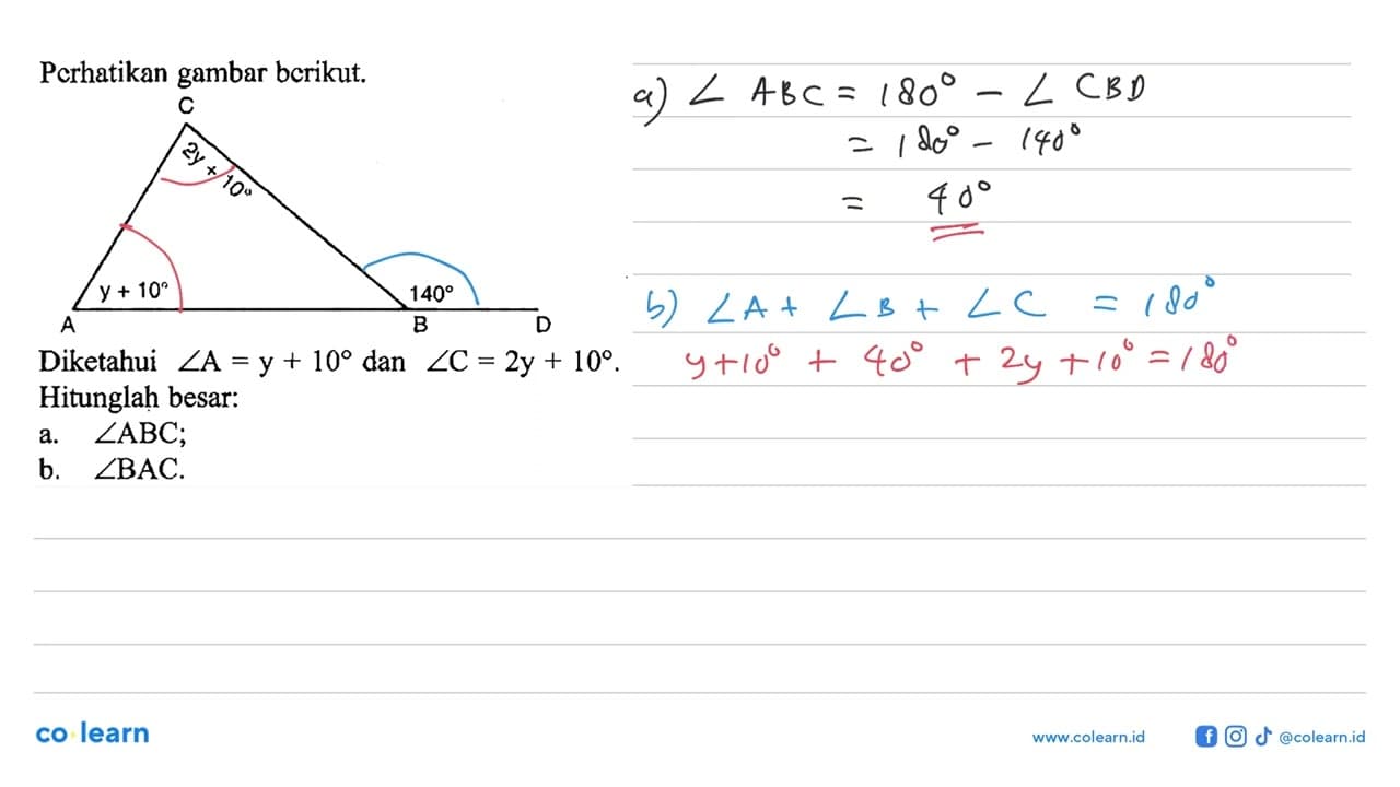 Perhatikan gambar berikut. A y+10 B 140 C 2y+10 D Diketahui