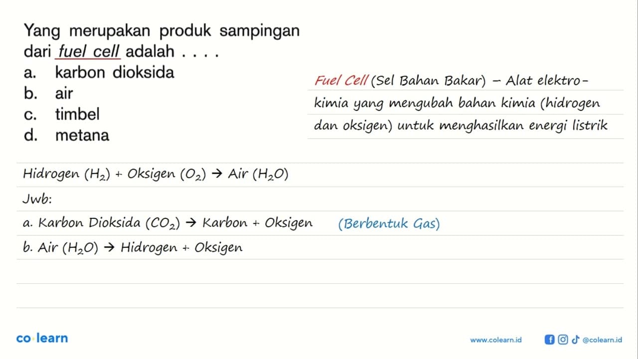 Yang merupakan produk sampingan dari fuel cell adalah ....