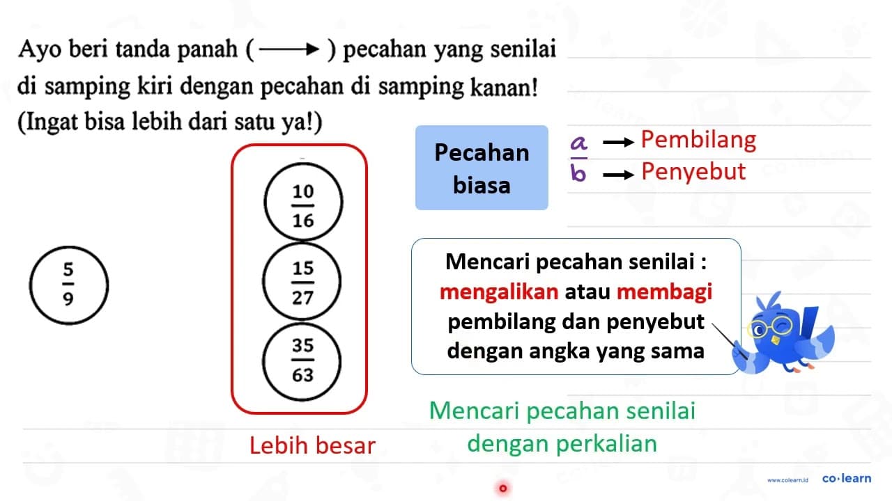 Ayo beri tanda panah (longright-> ) pecahan yang senilai di