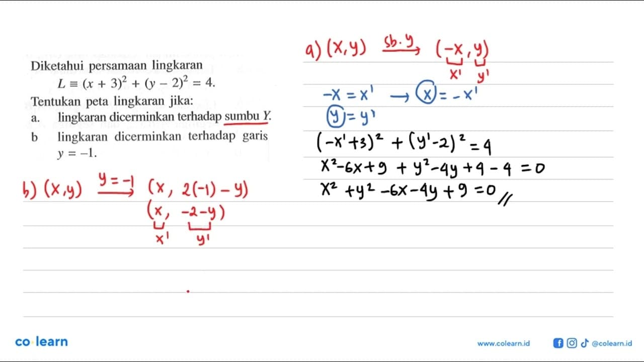 Diketahui persamaan lingkaran L=(x+3)^2+(y-2)^2=4. Tentukan