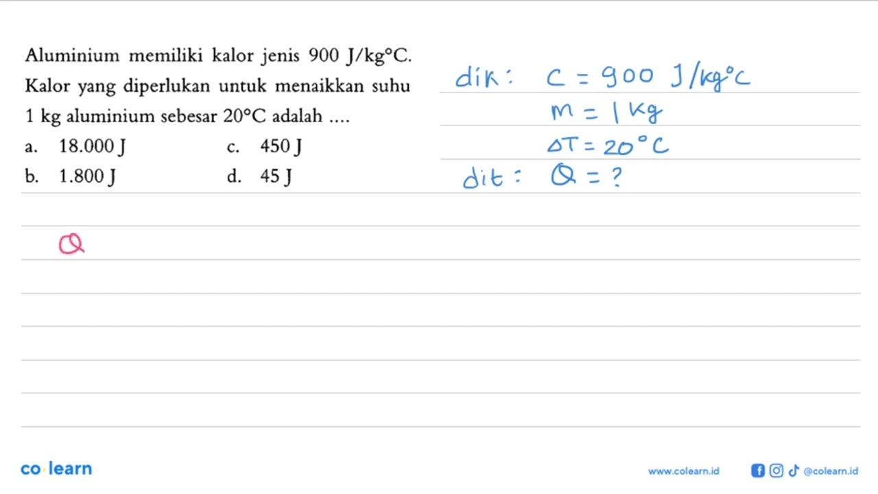 Aluminium memiliki kalor jenis 900 J/kg C. Kalor yang