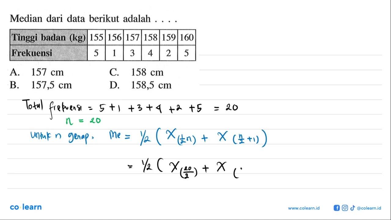 Median dari data berikut adalah ....Tinggi badan (kg) 155