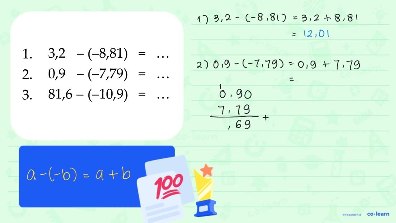 1. 3,2 - (-8,81) = ... 2. 0,9 - (-7,79) = ... 3. 81,6 -