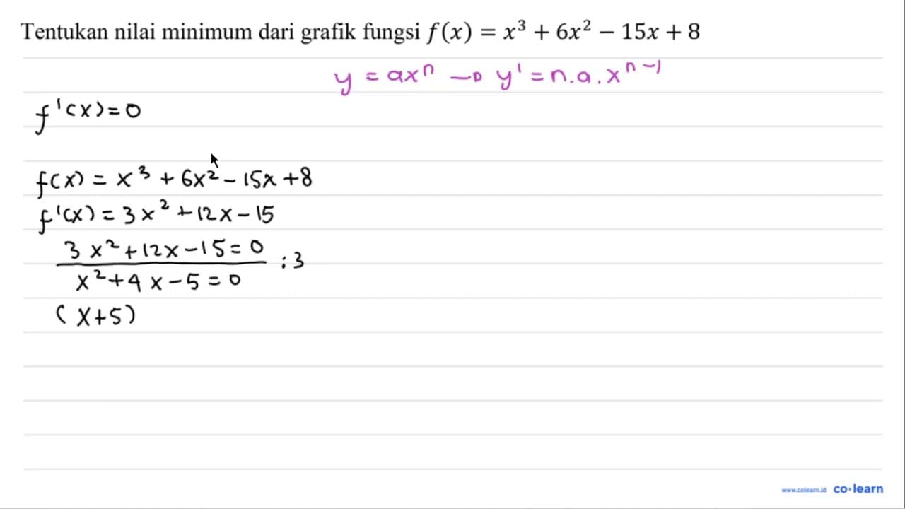 Tentukan nilai minimum dari grafik fungsi f(x)=x^3+6 x^2-15