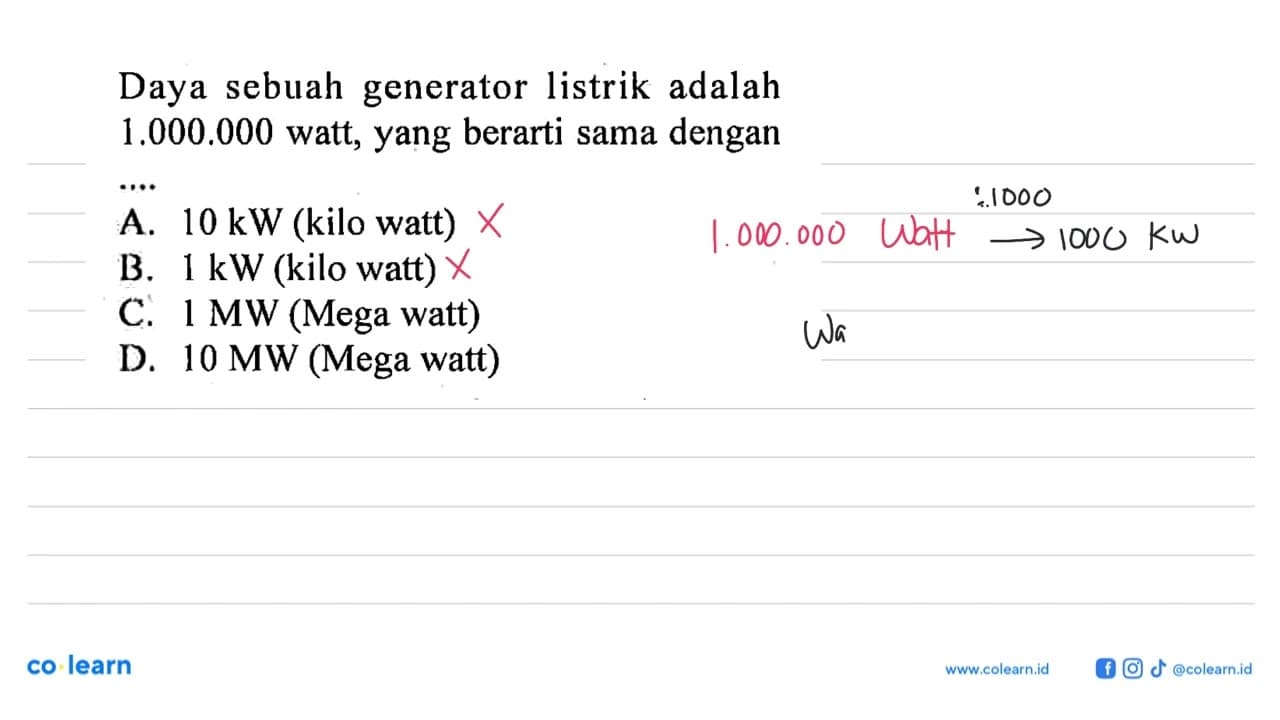 Daya sebuah generator listrik adalah 1.000.000 watt, yang