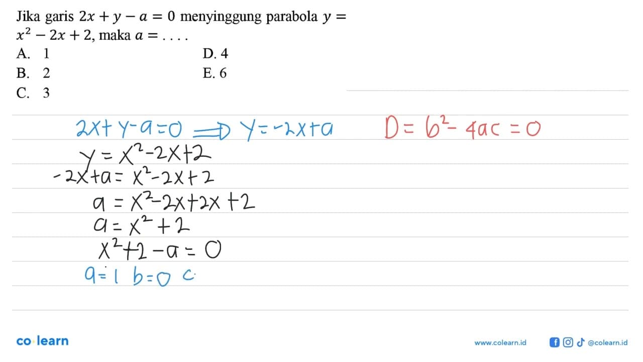 Jika garis 2x+y-a=0 menyinggung parabola y=x^2-2x+2, maka