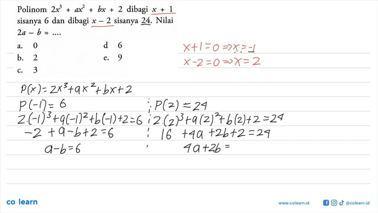 Polinom 2x^3+ax^2+bx+2 dibagi x+1 sisanya 6 dan dibagi x-2