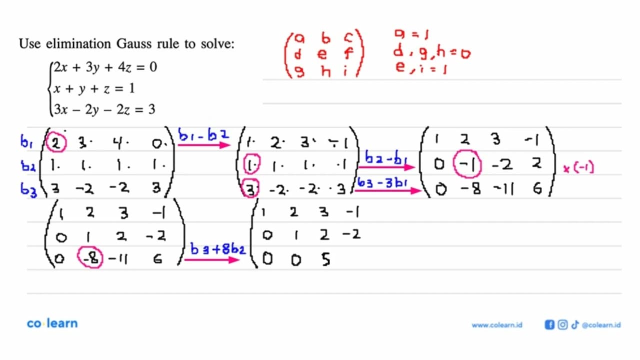 Use elimination Gauss rule to solve: 2x+3y+4z=0 x+y+z=1