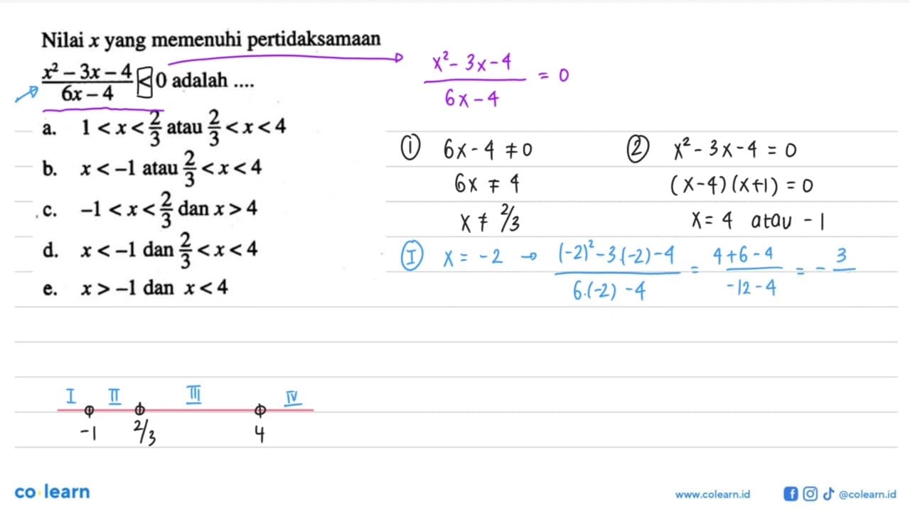 Nilai x yang memenuhi pertidaksamaan (x^2-3x-4)/(6x-4)<0