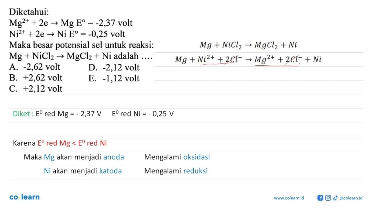 Diketahui: Mg^(2+) + 2e -> Mg E=-2,37 volt Ni^(2+) + 2e ->