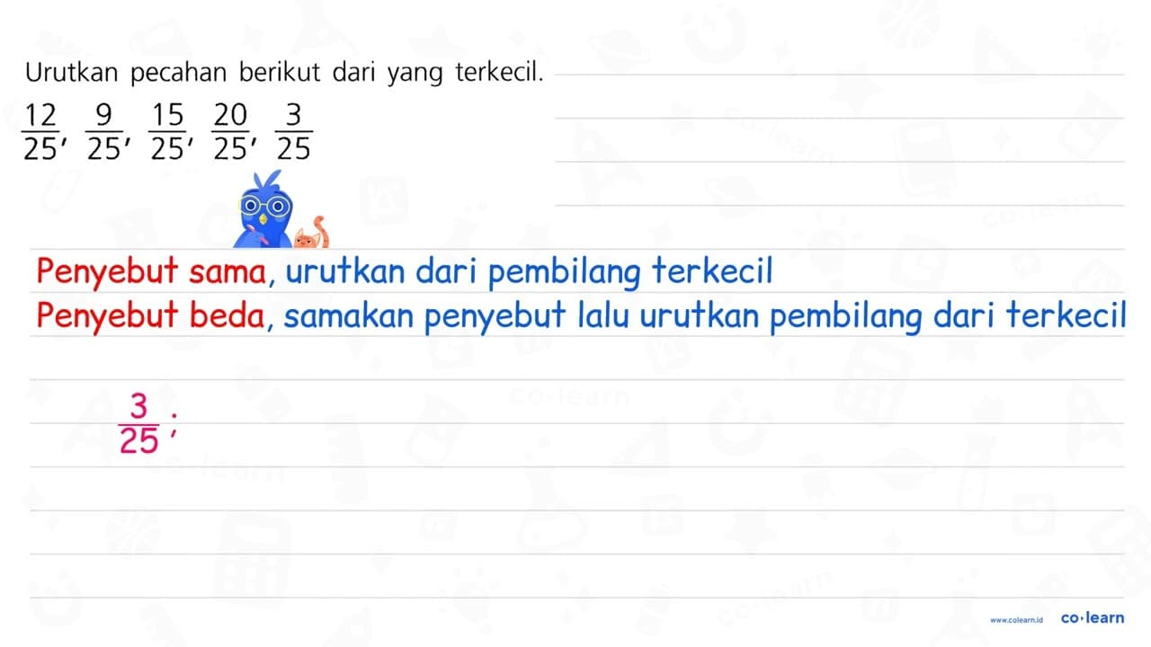 Urutkan pecahan berikut dari yang terkecil. 12/25, 9/25,